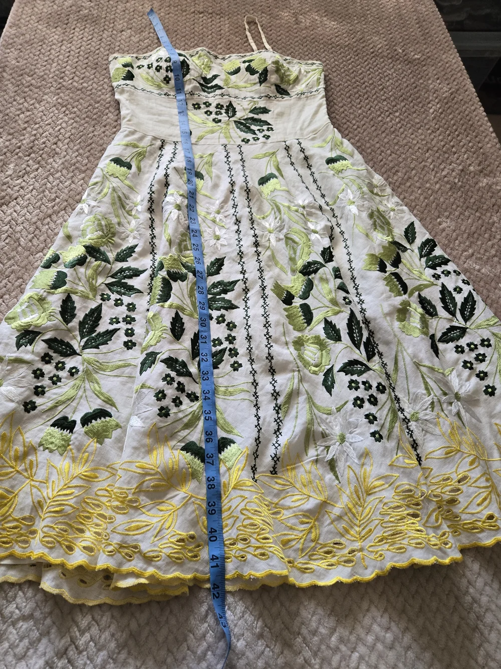 Sue Wong 100% Linen Embroidered Floral Dress Size 8 White Green Yellow